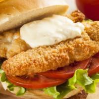 Fish Sandwich · Fresh and tasty fried fish sandwich with cheese, lettuce, and tomato.