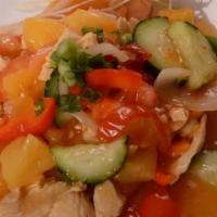 Sweet Tuptim With Chicken · Bell pepper, cucumber, pineapple, tomato, and onion in sweet and sour sauce.