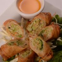 Thai Crispy Spring Rolls (2) · Chicken, noodle, cabbage, carrot, celery, and onion in a shell, deep-fried until golden brow...