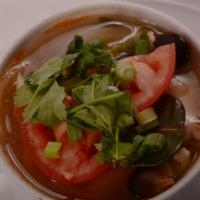 Lemongrass Tom Yum Soup (Small) · Lemongrass soup with galangal root, kaffir leaf, yellow onion, straw mushroom, tomato, cilan...