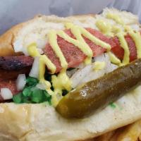 Chicago Style Char Dog · Yellow Mustard Garlic Aioli, Neon Green Relish , Chopped Onion, Tomato Slices, Sport Peppers...