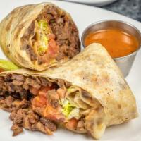 Steak Burrito (Asada) · Filled with beans, cheese, sour cream, lettuce, and tomato.