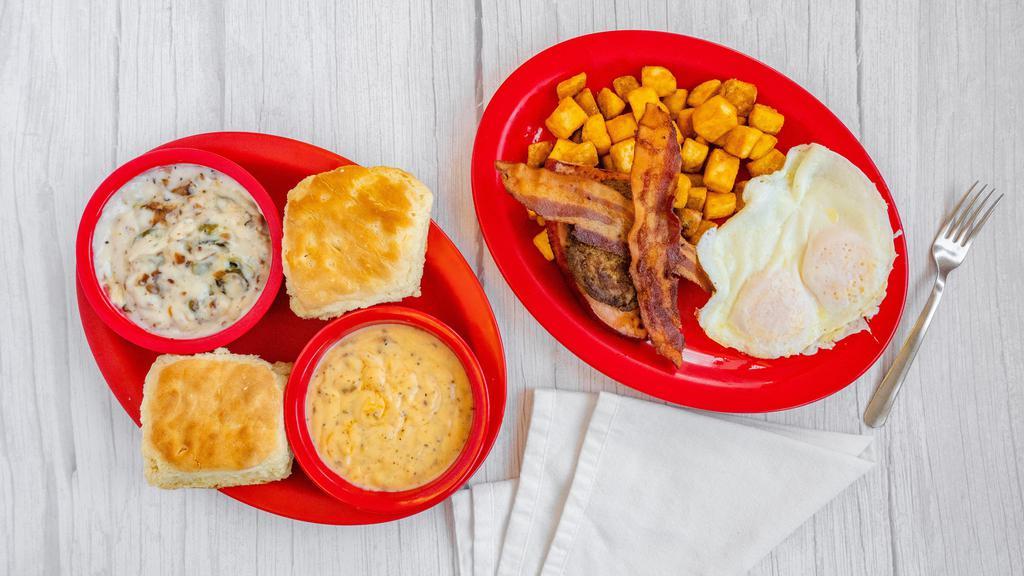 Breakfast At Large · Bacon, Ham and Sausage, 2 eggs, hash browns, 2 biscuits, and your choice of  gravy.
