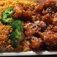 Sesame Chicken · Served with white rice & sauce on the side.