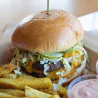 Double Cheeseburger · Two Quarter-pound char-grilled burgers, cheddar cheese, lettuce, pickles, and Sriracha Russi...