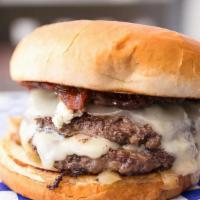 Bacon Jam Burger · House-Made bacon date jam, blue cheese crumbles, caramelized onions, Swiss cheese. Served on...
