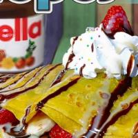 😍Crepes · Crepes are served with nutella, strawberry and/or banana, topped with whipped cream and choc...