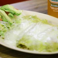 Enchiladas Suizas · 5 tortillas rolled in green sauce, with chicken or tinga, with mozzarella cheese on the top,...