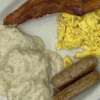 Papa Sampler · (Three eggs with two sausage, two bacons and your choice of two pancakes, potato pancakes, F...