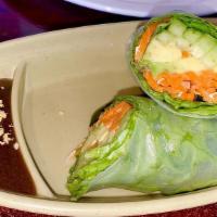 Summer Roll · 2 rolls wrapped with soft rice paper, stuffed with slice of shrimp, lettuce, cucumber, and a...