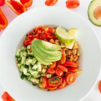 California Bowl  · spicy roasted chicken, warm cilantro lime brown rice, avocado, cucumbers, grape tomatoes, re...
