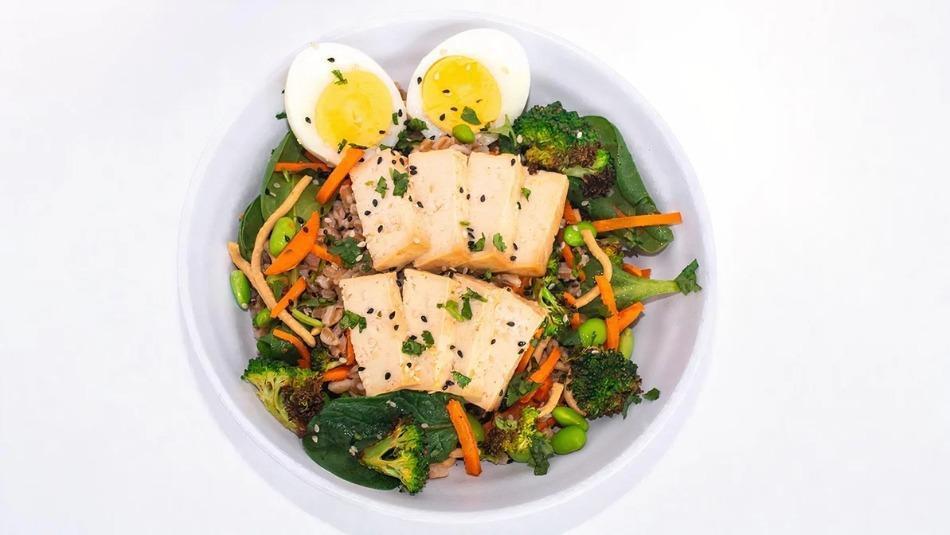 Miso Power Bowl · Miso tofu, farro, carrots, roasted broccoli, edamame, egg, crunchy noodles, cilantro, sesame seeds, spinach, and miso ginger vinaigrette