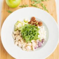 Protein Bowl · roasted chicken, chilled white quinoa, cheese, apples, baby arugula, red onion, with Dijon v...