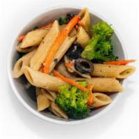 Whole Wheat Penne Pasta Salad · Whole wheat penne pasta tossed with black olives, carrots, broccoli, and dijon vinaigrette.