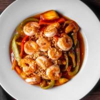 Thai Grilled Shrimp · Spicy. Grilled jumbo shrimp glazed with chili tomato sauce, green and red pepper, mushrooms,...
