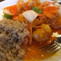 Sweet & Sour Chicken · Battered chicken with carrot, green and red pepper, onion and pineapple in sweet and sour sa...