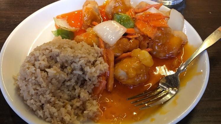 Sweet & Sour Chicken · Battered chicken with carrot, green and red pepper, onion and pineapple in sweet and sour sauce.