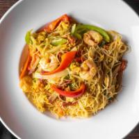 Singapore (Bbq Pork & Shrimp) · Spicy. Thin rice noodle with barbecue pork, shrimp, sautéed onion, bell peppers, carrot, bea...