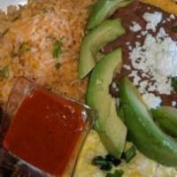 El Mexicano · Eggs, arrachera, sausage, avocado, rice, bean tostada, and side of salsa.