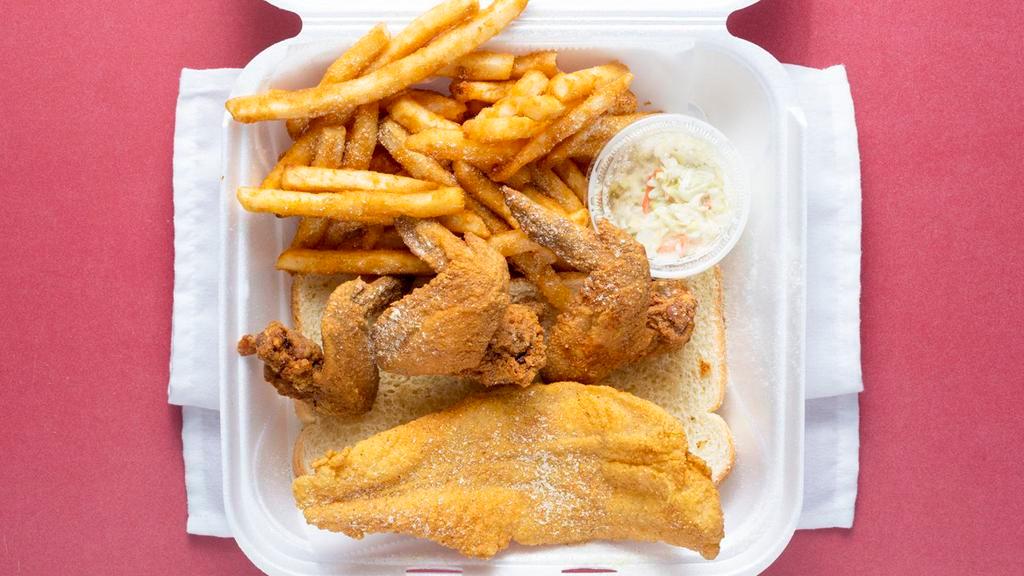 1 Piece Catfish Fillet & 3 Wings Combo · SERVED WITH FRIES,BREAD,COLESLAW