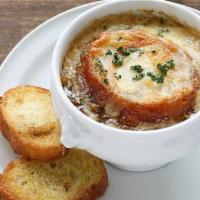 French Onion Au Gratin · French Onion Soup with Croutons, Provolone and Swiss cheeses