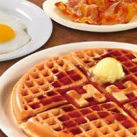 Waffle Breakfast · 2 waffles, 3 eggs*, double order of Applewood smoked bacon (6 slices) or country sausage or ...