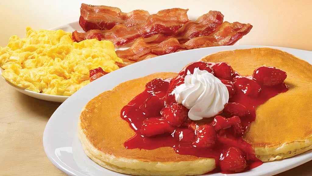 Big Pancake Breakfast · 2 large pancakes, 3 eggs*, double order of Applewood smoked bacon (6 slices) or country sausage or turkey sausage patties (4)