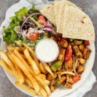 Chicken Kabob Combo · Tender slices of chicken kabob with Greek salad and your choice of french fries or rosemary ...