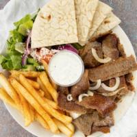 Gyro Combo · Beef and lamb gyro slices with Greek salad and your choice of french fries or rosemary potat...