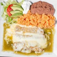 Enchiladas · Served with rice, beans, sour cream and your choice of filling: chicken, beef, potatoes or c...