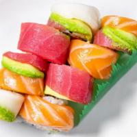 Rainbow · California roll topped with salmon, tuna, and whitefish.