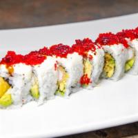 Reno · Shrimp tempura, and avocado, topped with lightly seared cream cheese, tobiko, and eel sauce.