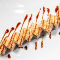 Jing Roll · Tempura fried asparagus and eel, sweet potato topped with spicy crab salad, eel sauce and te...