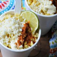 Esquites ( Street Corn In A Cup ) · Mayo, cheese, chili pepper Powder, Lime Wedge.