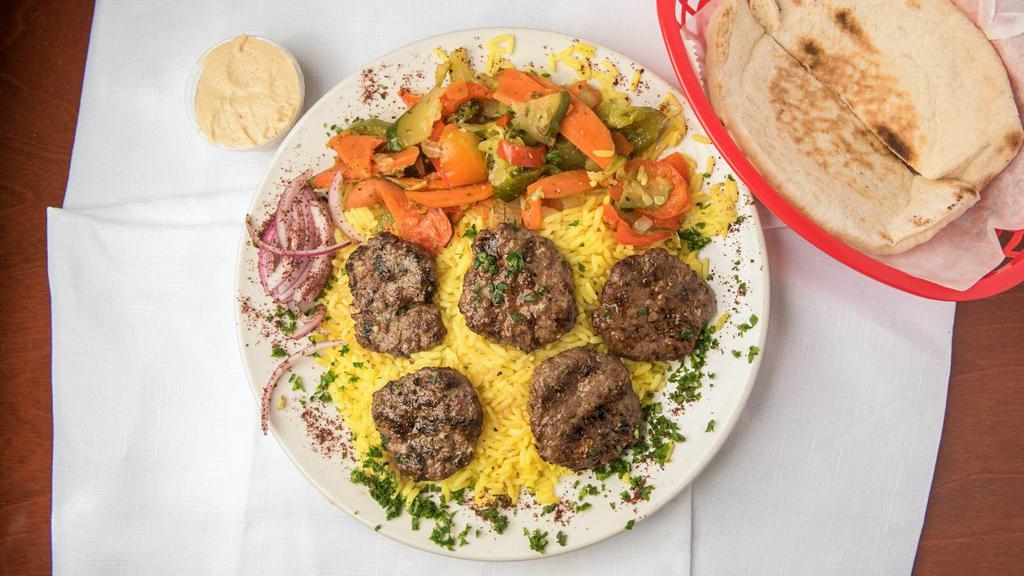 Kifta Kabob Entrée · Grilled seasoned ground cuts of tender beef and lamb, minced onion, and parsley.