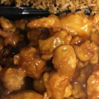 Orange Chicken Luch Box · Served with chicken fried rice and vegetable spring egg roll.  ( No Substitution  )
