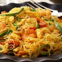 Singapore Rice Noodles ( Spicy )  ( Large ) · Str-Fry Rice Noodles with shrimp and pork in spicy curry sauce.
