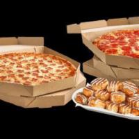 Giant Pizza Value Meal #1 · Includes two giant 1-topping pizzas with your choice of cinnamon rolls or cheesy bread.