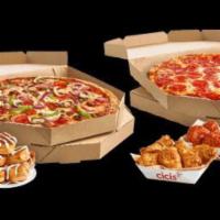 Giant Pizza Value Meal #2 · Includes two giant 1-topping pizzas, cinnamon rolls and cheesy bread.