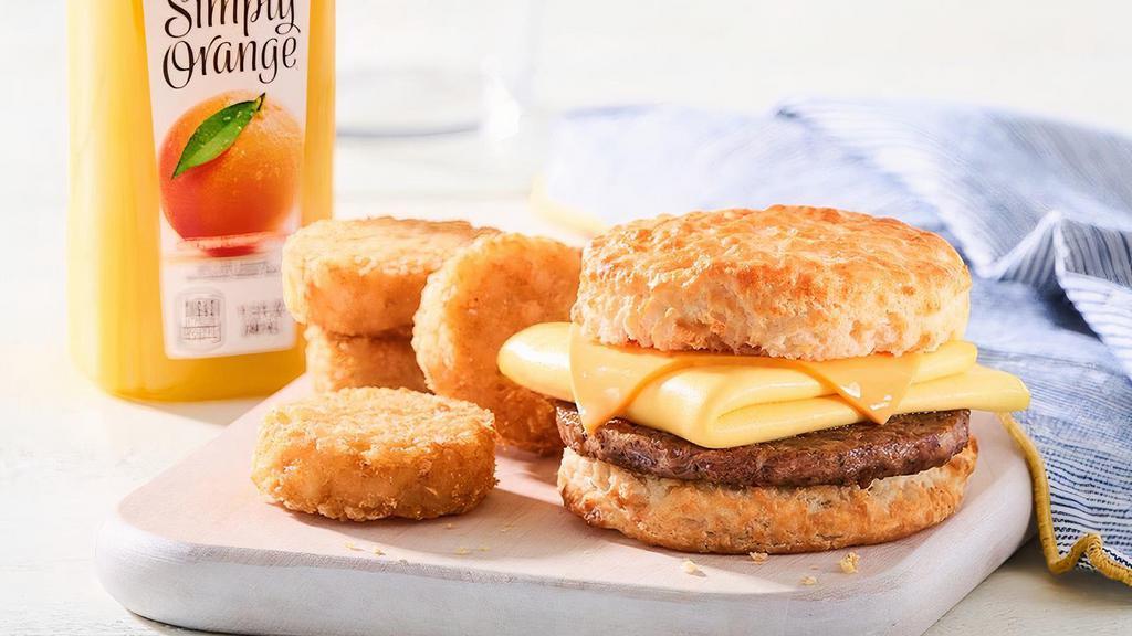 Sausage Egg & Cheese Biscuit Combo · Eggs, country style sausage and American cheese on a made-from-scratch buttermilk biscuit, served with Bo-Tato Rounds®, coffee or medium drink..