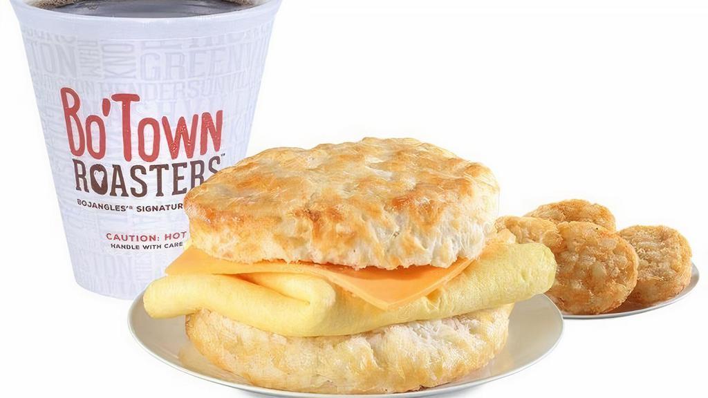 Egg & Cheese Biscuit Combo · Eggs and American cheese on a made-from-scratch buttermilk biscuit, served with Bo-Tato Rounds®, coffee or medium drink..