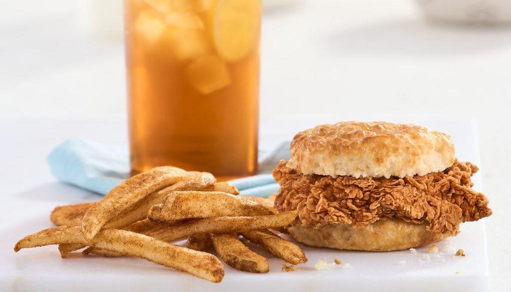 Bo'S Chicken Biscuit Combo · A uniquely seasoned chicken breast filet on a made-from-scratch buttermilk biscuit, served with Bo-Tato Rounds®, coffee or medium drink.