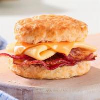 Bacon, Egg & Cheese Biscuit · Eggs, hickory smoked bacon and American cheese on a made-from-scratch buttermilk biscuit..