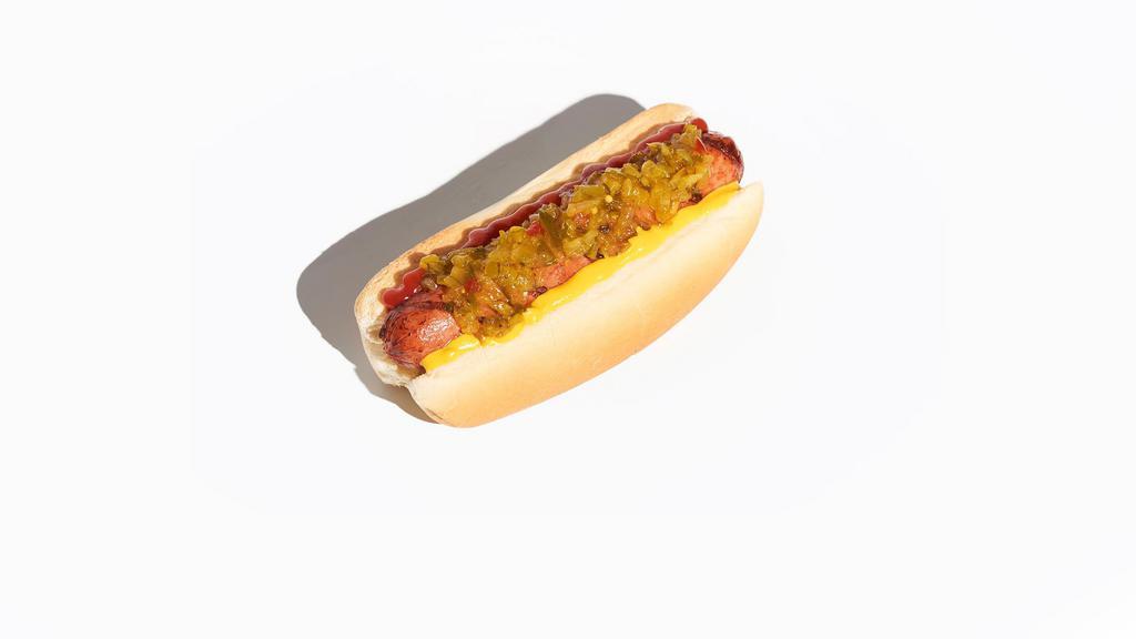 Hot Dog · 100% beef frank topped with ketchup, mustard, and relish.
