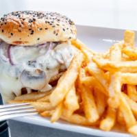 Mushroom Swiss Burger · Fresh meat patty, with grilled onions, mushrooms and our special creamy swiss sauce.