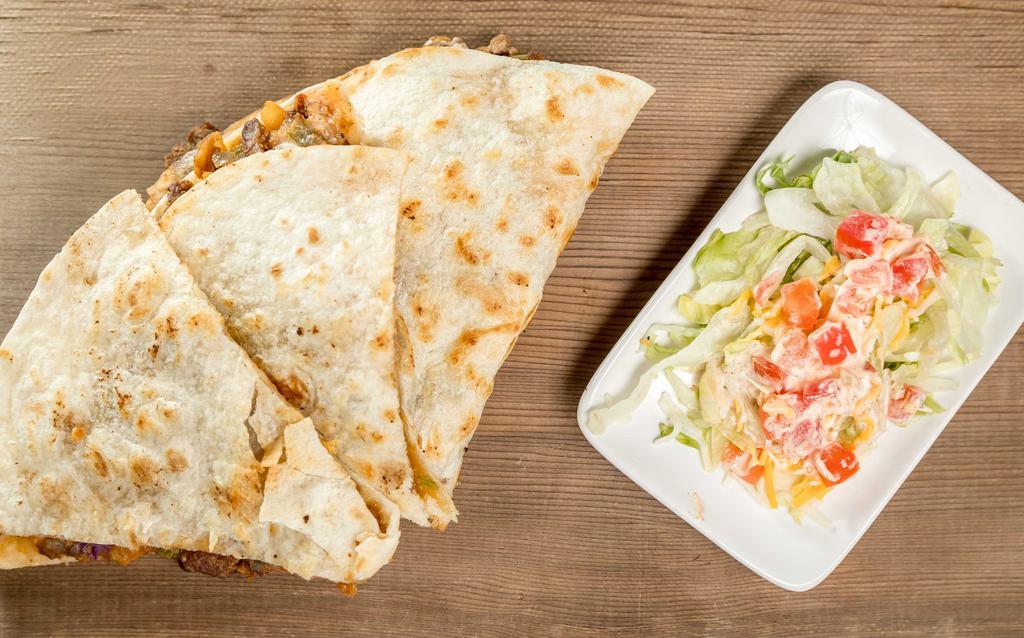 Chicken Quesadilla · Grilled chicken with roasted red pepper, green pepper, onion, black olive, mexican cheese, corn, and ranch dressing, served with salsa and sour cream.