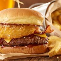 Lone Star · Cheddar cheese, bacon, onion ring, bbq sauce