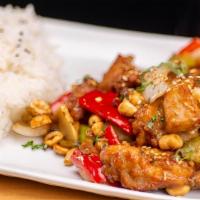 Kung Pao · Hot and spicy. Lightly sweet brown sauce with a hint of spice with mixed vegetables, and top...