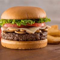 Swiss Mushroom Burger · 850 cal. A juicy burger with Swiss cheese, sautéed mushrooms, lettuce, and tomato.