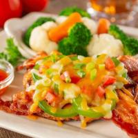 Santa Fe Chicken · 650-810 cal. Boneless chicken breast marinated in a sweet and tangy sauce, topped with crisp...